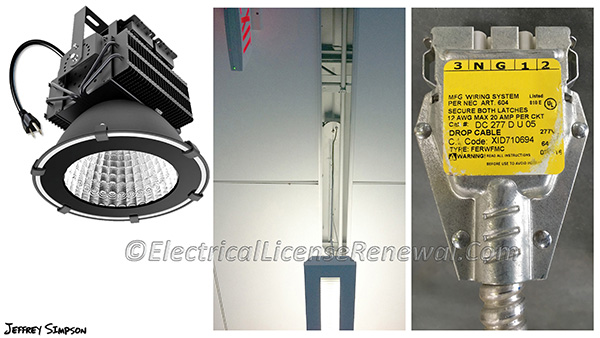 On the left is a luminaire with a grounding-type attachment plug per 410.62(C)(1)(a). In the middle is a luminaire assembly with a strain relief and canopy per 410.62(C)(1)(b). On the right is a manufactured wiring system connector per 410.62(C)(1)(c).