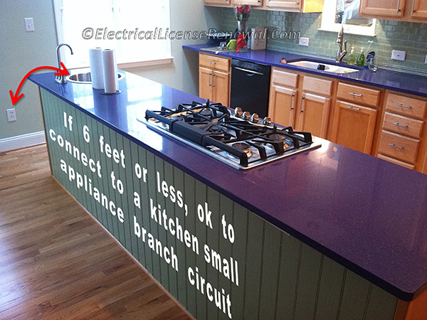 In NC dwellings,&nbsp; any receptacle within 6 feet of a dwelling unit kitchen sink (measured along the cord without piercing a floor, wall, ceiling, or fixed barrier) may be connected to one of the kitchen small appliance branch circuits.