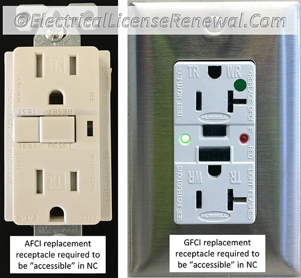 North Carolina has amended the last sentence to allow AFCI type receptacles and GFCI type receptacles that have been replaced to be installed in an accessible location.