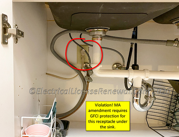 In MA, this receptacle requires GFCI protection since it is located within a cabinet supporting a sink.