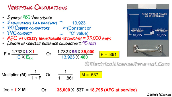 There are many programs to determine the available fault current at a given location but most just provide the final AFC value, not the math to back it up. What would be the available fault current at the service if the service entrance conductors are only 80 feet instead of 95?