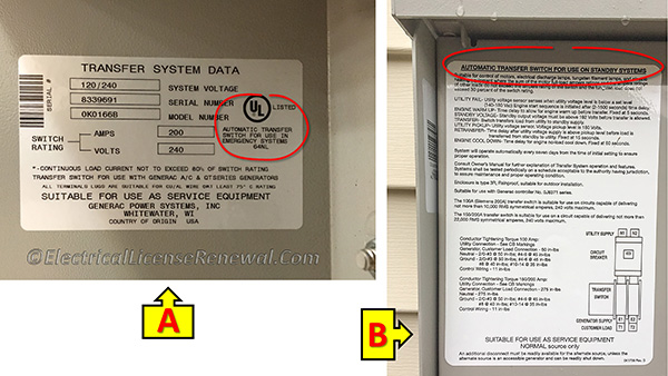 Note the differences in the manufacturer labels for two different transfer switches.