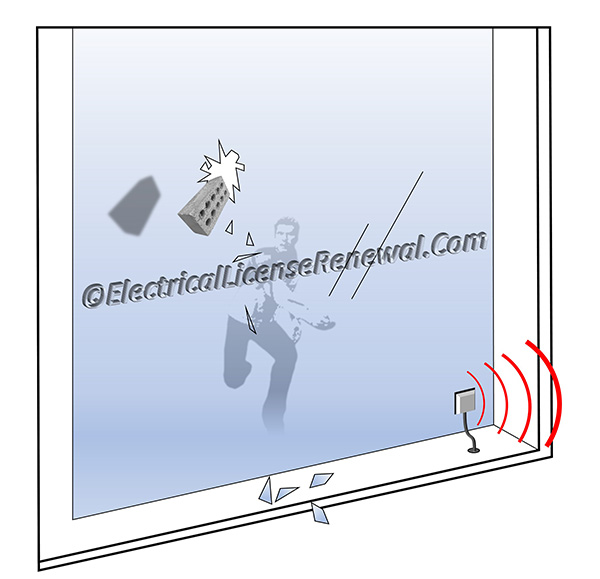 A glass break sensor detects breakage of any portion of a glass window or windows to which it is attached or adjusted to protect.