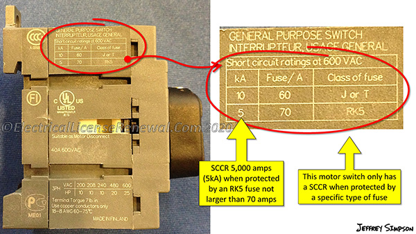 This manual motor controller is marked with the SCCR.