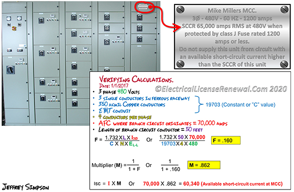 Now that the AFC has been calculated, the inspector can verify that the correct conductor type, size, and length has been installed in order to ensure that the SCCR of the motor control center is equal to or greater than the available short circuit current in compliance with NEC 110.9 and 110.10.