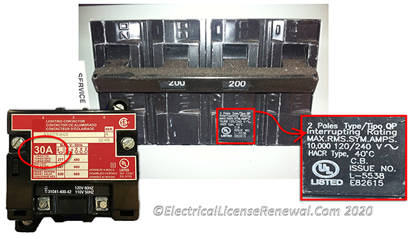 Overcurrent devices must have an interrupting rating at least equal to the current that is available at the line terminals. Passive devices like the lighting contactor just need to have an interrupt rating at least equal to the current they are interrupting.