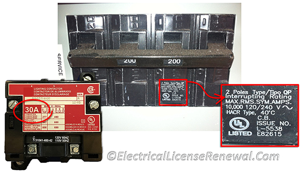 Overcurrent devices must have an interrupting rating at least equal to the current that is available at the line terminals. Passive devices like the lighting contactor just need to have an interrupt rating at least equal to the current they are interrupting.