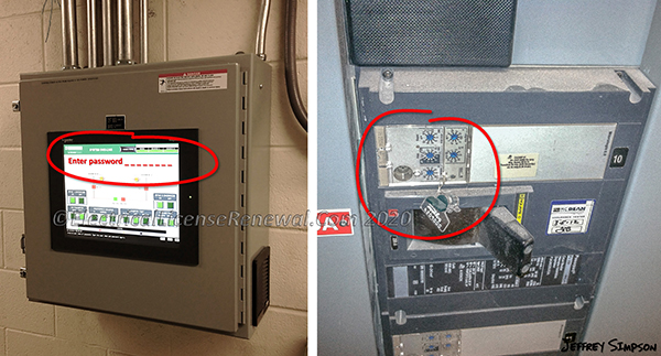 On the left, a password is required to access the device settings. On the right is a sealable cover over the breaker adjustments.