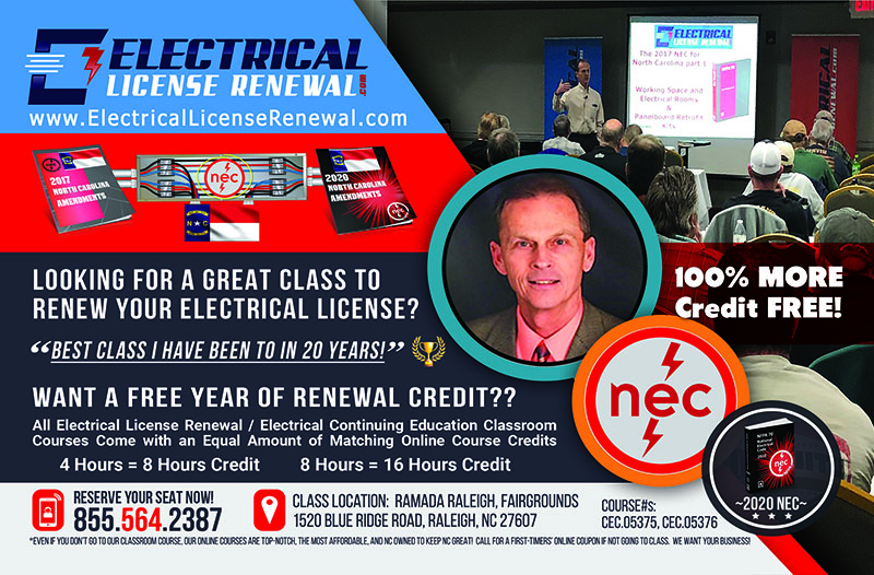 February 2020 NC Electrical Continuing Education Classroom Course Postcard Front