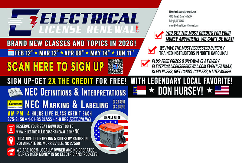 2026 NC Electrical Continuing Education Classroom Course Postcard Back